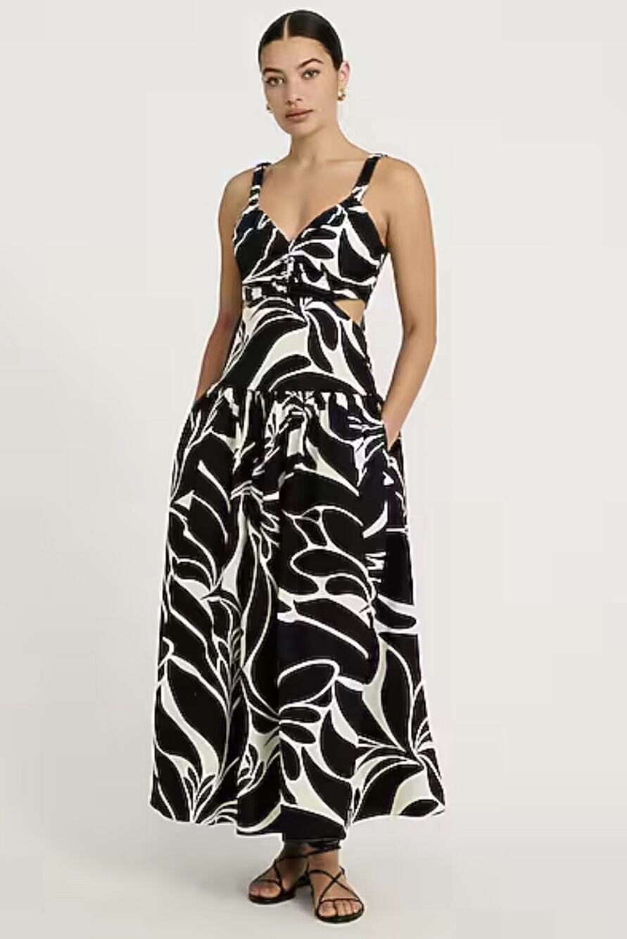 NWT $108 Express Midi Dress Cut Out Poplin Smocked Black White Drop Waist Small